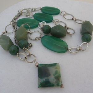 Long Green Stone Chain Link Statement Necklace